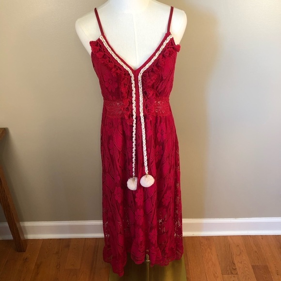 Cupshe Dresses & Skirts - NEW Cupshe Red Lace Hi Low Midi Dress with Pom Pom & Fringe Details Size M